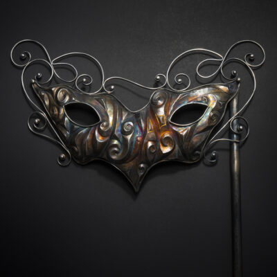 "Lost in a Masquerade" Eastern repousse and scrollwork mask, inspired by Venetian Carnival masks and the song of the same title by jazz guitarist George Benson