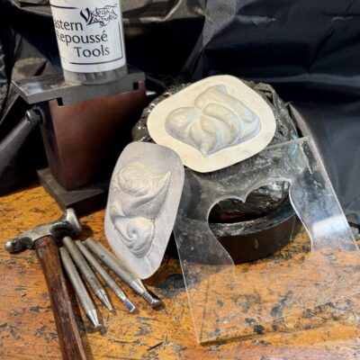 Mirrored Eastern Repoussé forms begun in the Hydraulic Press so they can be soldered together to create a hollow form for vessels and jewelry