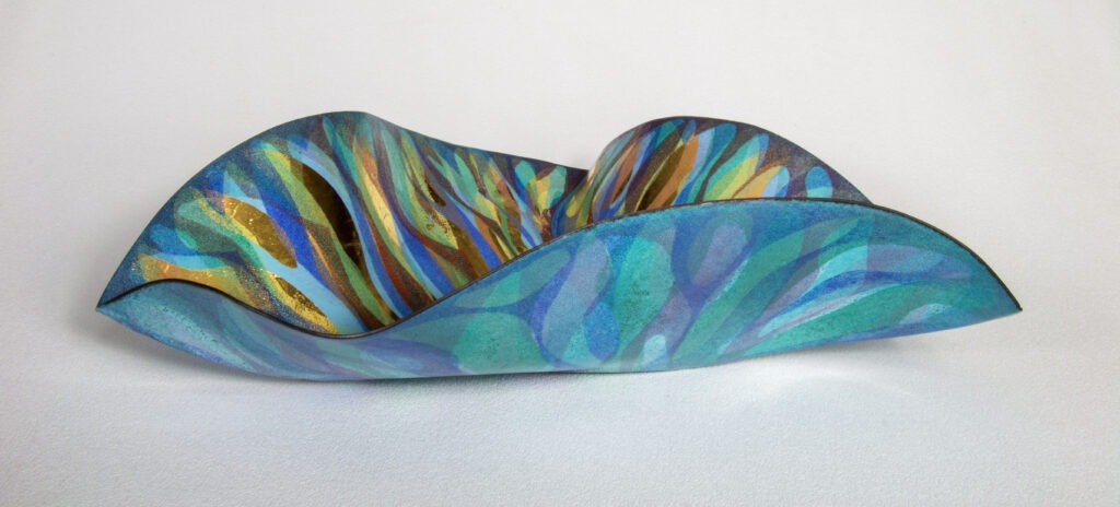 Flamescape by Cynthia Eid, forged, formed and enameled bowl, 2024; Argentium® silver, enamel