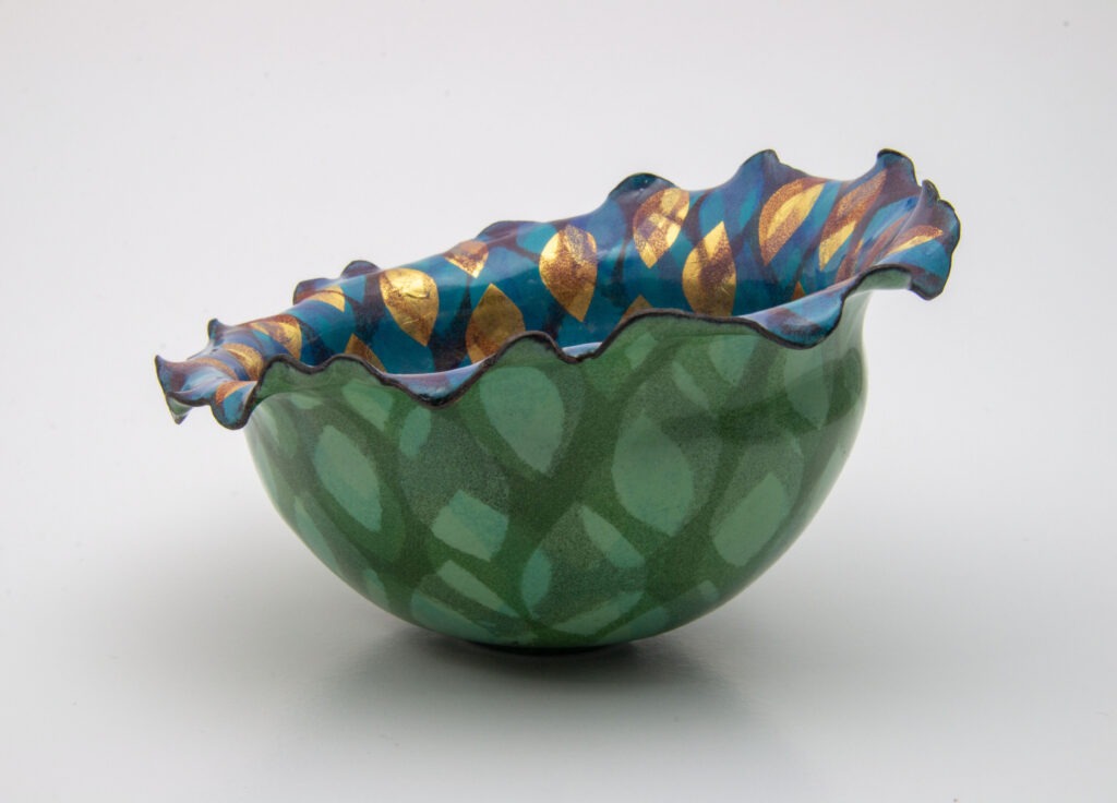 Layered Petals by Cynthia Eid, forged, formed, and enabled vessel, 2024; Argentium® silver, enamel