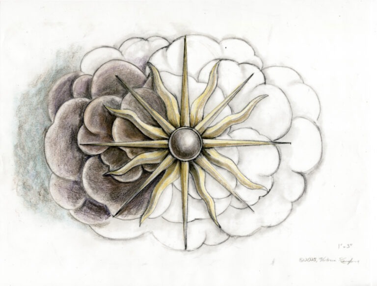 Rendering with partial color shown for Flame Navigation, copper and gilt Eastern repoussé wall panel