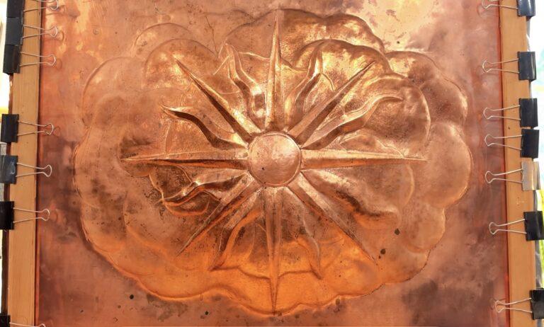Flame Navigation, copper Eastern repoussé wall panel; WIP - part way through the 3rd round of chasing to refine my shapes